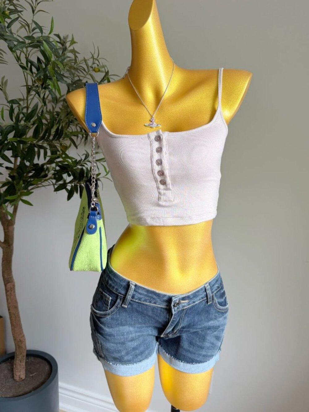 Beige Taupe Button Front Cami Crop Top Size S